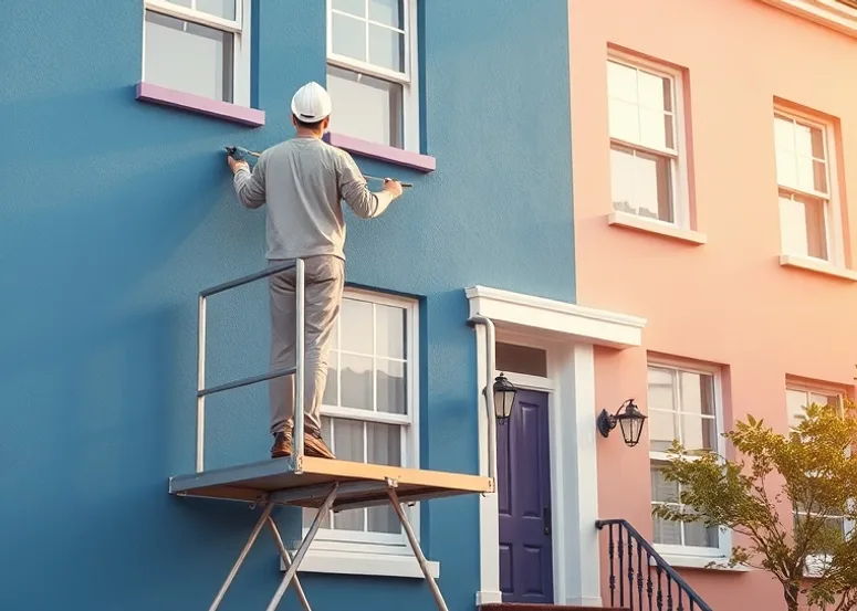 Peintre sur échafaudage traitant la façade d'une maison