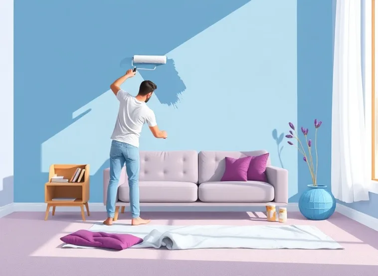 Peintre appliquant la peinture au rouleau sur un mur de salon